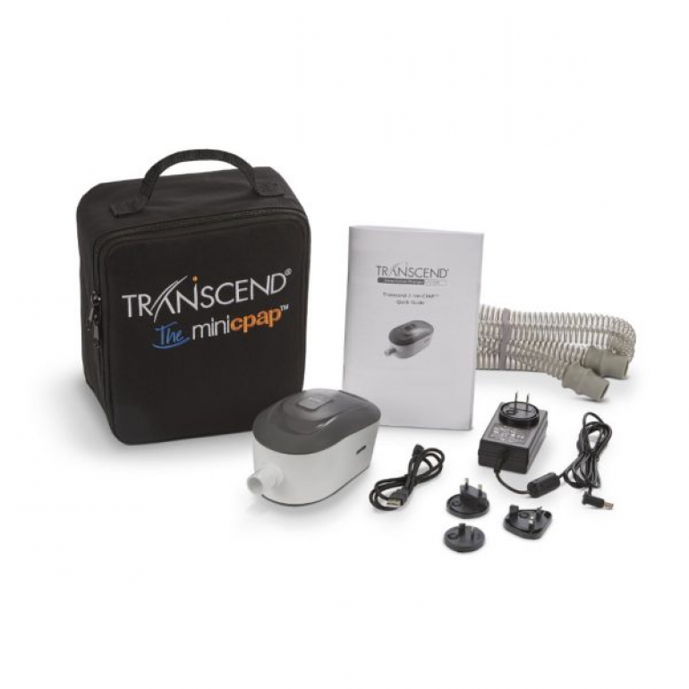 Photo of the Transcend 3 miniCPAP product and all its components.