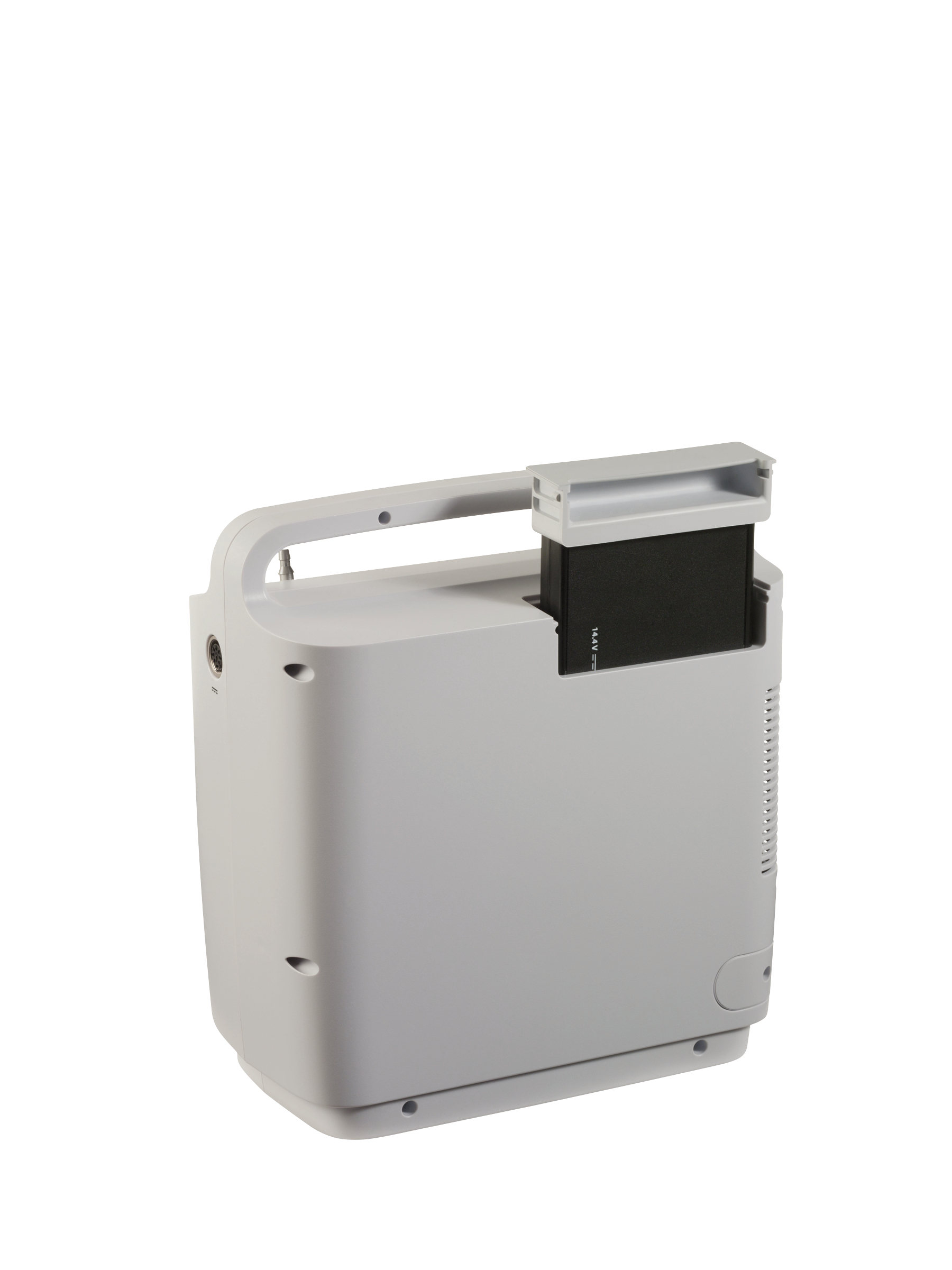 Photo of the SimplyGo Portable Oxygen Concentrator against a white background from the back view.